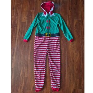 Cat & Jack Kids Elf One Piece Pajamas Green Red Striped Fleece Size 14